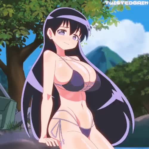 twistedgrim, arato nagi, ruri no houseki, animated, lowres, tagme, video, 1girl, artist name, bikini, black hair, blue sky, bouncing breasts, breasts, cleavage, closed mouth, collarbone, day, earrings, hair between eyes, huge breasts, jewelry, light smile, long hair, looking at viewer, mountain, nature, navel, official alternate costume, outdoors, side-tie bikini bottom, sitting, sky, solo, stomach, strap gap, string bikini, stud earrings, swimsuit, thighs, tree, underboob, very long hair