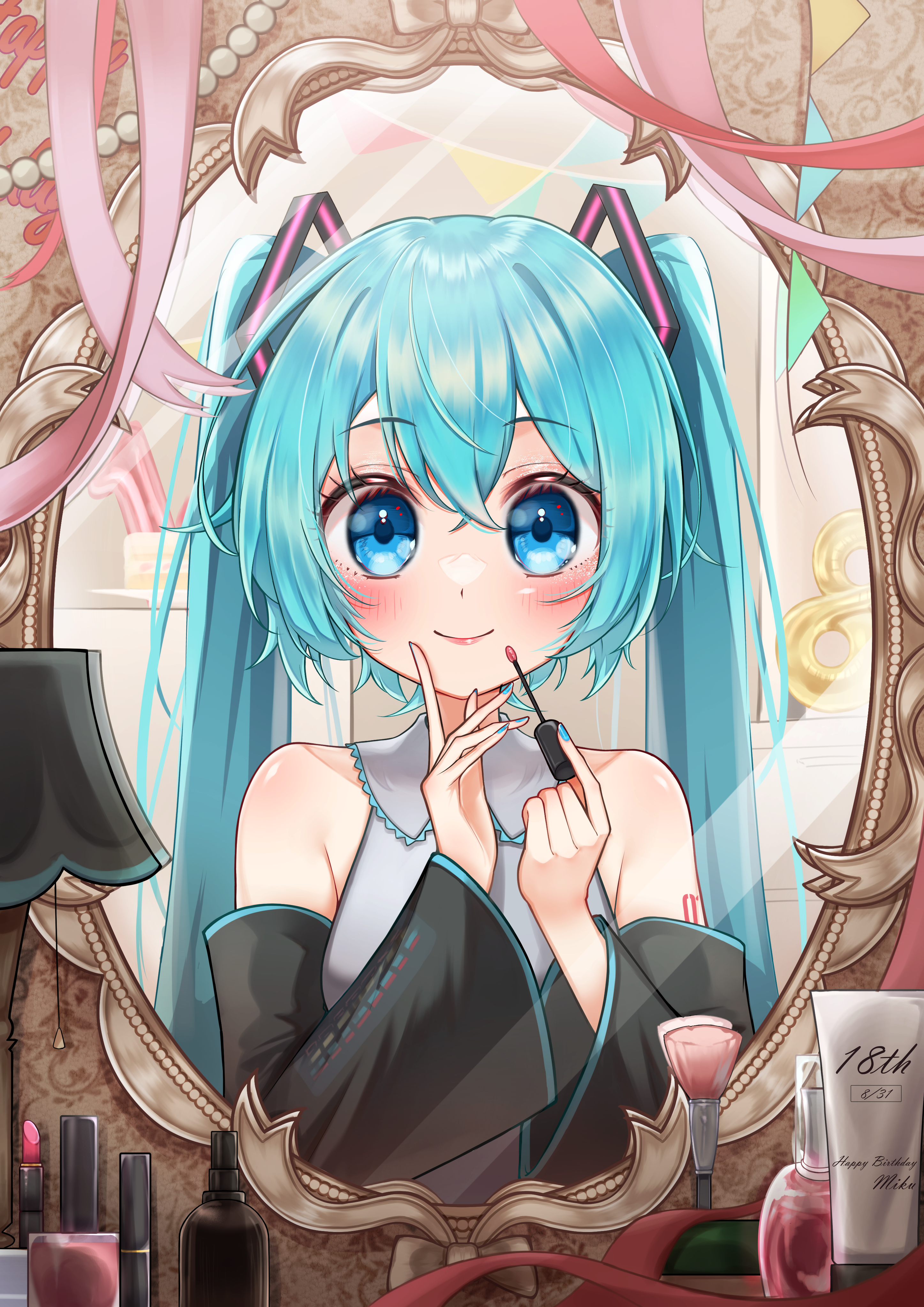 tama sera279, hatsune miku, vocaloid, absurdres, highres, 1girl, aqua eyes, aqua hair, aqua nails, aqua trim, arm tattoo, blush, closed mouth, collared shirt, grey shirt, hair between eyes, hair ornament, happy birthday, holding, lipstick, long hair, long sleeves, looking at mirror, looking at viewer, makeup, mirror, number balloon, number tattoo, pink lips, shirt, sleeveless, sleeveless shirt, smile, solo, tattoo, twintails, very long hair, wide sleeves