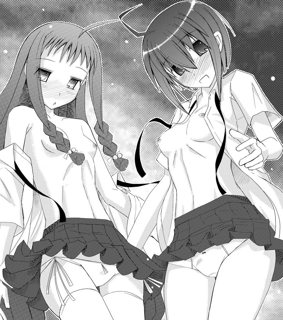 rentaichou, ayase yue, miyazaki nodoka, mahou sensei negima!, 00s, 2girls, :<, ahoge, blush, bow, bow panties, braid, breasts, flat chest, greyscale, hair over eyes, monochrome, multiple girls, nipples, off shoulder, open clothes, open shirt, panties, ribbon, shirt, side-tie panties, small breasts, thighhighs, twin braids, underwear, wind, wind lift