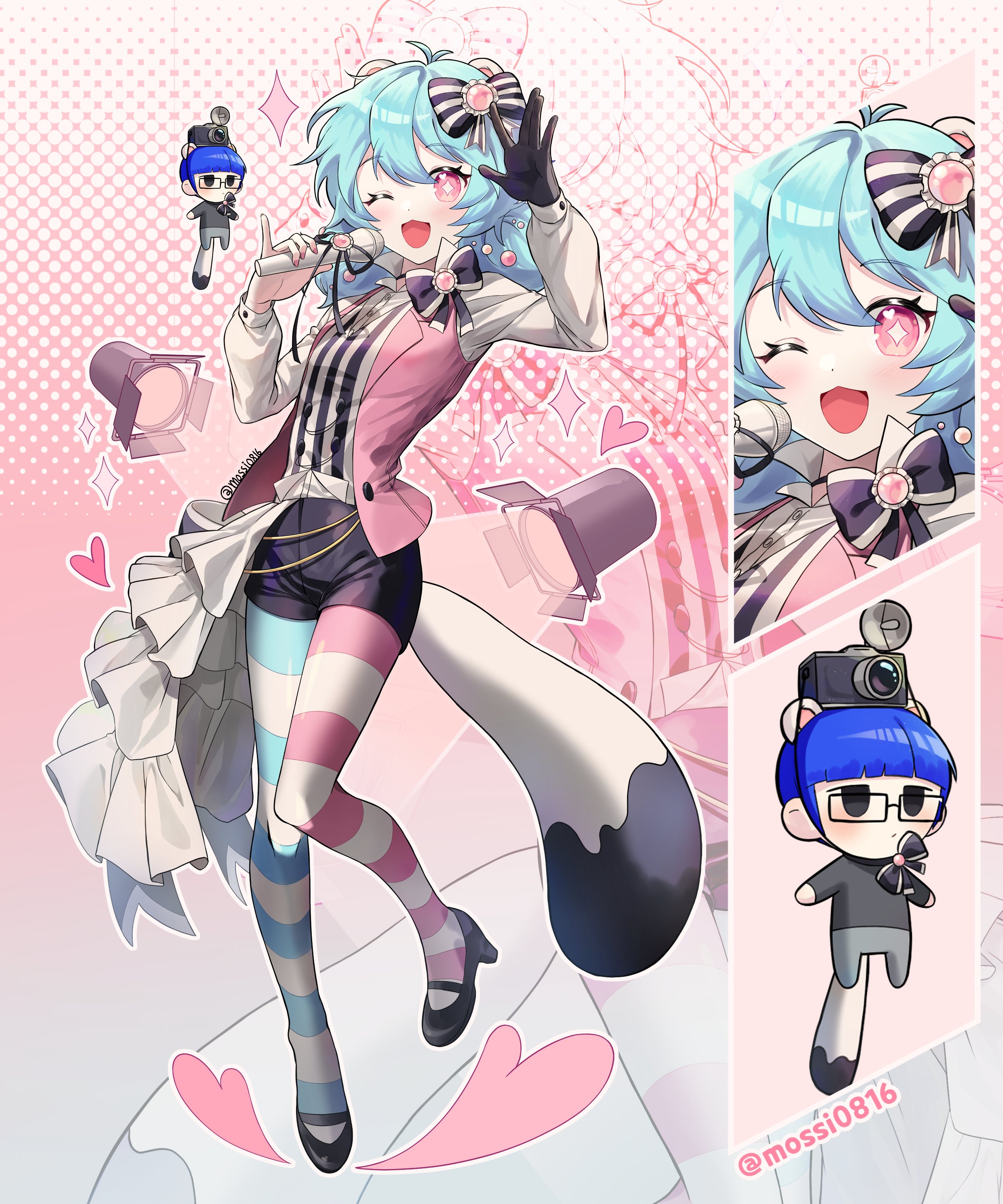 mossi (mossi0816), zombie high school, absurdres, highres, korean commentary, 1boy, 1girl, ;d, animal ears, asymmetrical legwear, black bow, black gloves, black shorts, blue hair, bow, bowtie, chibi, frills, full body, gloves, hair bow, hat, heart, holding, holding microphone, long sleeves, looking at viewer, microphone, mismatched legwear, mj (zombie high school), one eye closed, open mouth, pantyhose, pink eyes, pink vest, pyo ih-yeon, shirt, short hair, shorts, smile, striped clothes, striped pantyhose, tail, top hat, twitter username, vest, white shirt