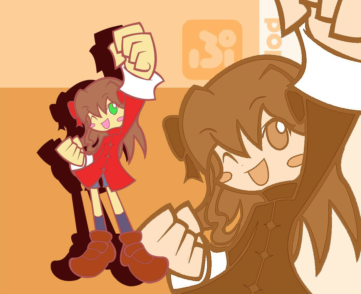 dokuro (pixiv), ikasui (okakenn1224), arima miyako, madou monogatari, melty blood, puyopuyo, puyopuyo fever, tsukihime, type-moon, 1girl, brown hair, chibi, female focus, green eyes, parody, solo, style parody, zoom layer