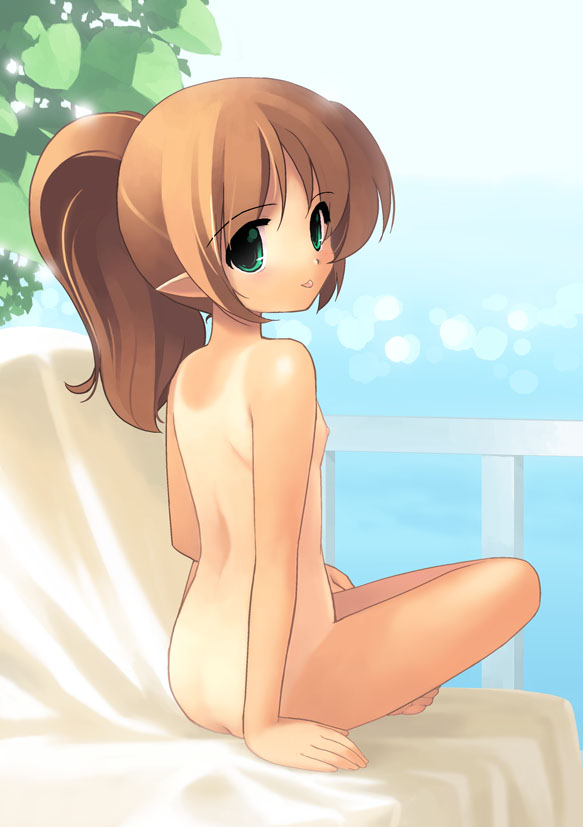jiji (aardvark), bad id, bad pixiv id, copyright request, 1girl, :p, ass, back, barefoot, breasts, brown hair, elf, feet, female focus, flat chest, from behind, green eyes, loli, looking at viewer, looking back, nipples, nude, one-piece tan, outdoors, pointy ears, ponytail, small breasts, solo, tan, tanline, toes, tongue, tongue out, zenra