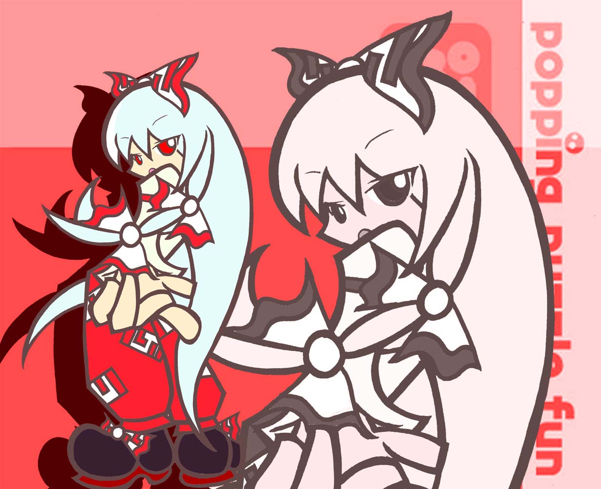 dokuro (pixiv), ikasui (okakenn1224), fujiwara no mokou, madou monogatari, puyopuyo, puyopuyo fever, touhou, 1girl, albino, chibi, female focus, foreshortening, looking at viewer, parody, red eyes, solo, style parody, white hair, zoom layer