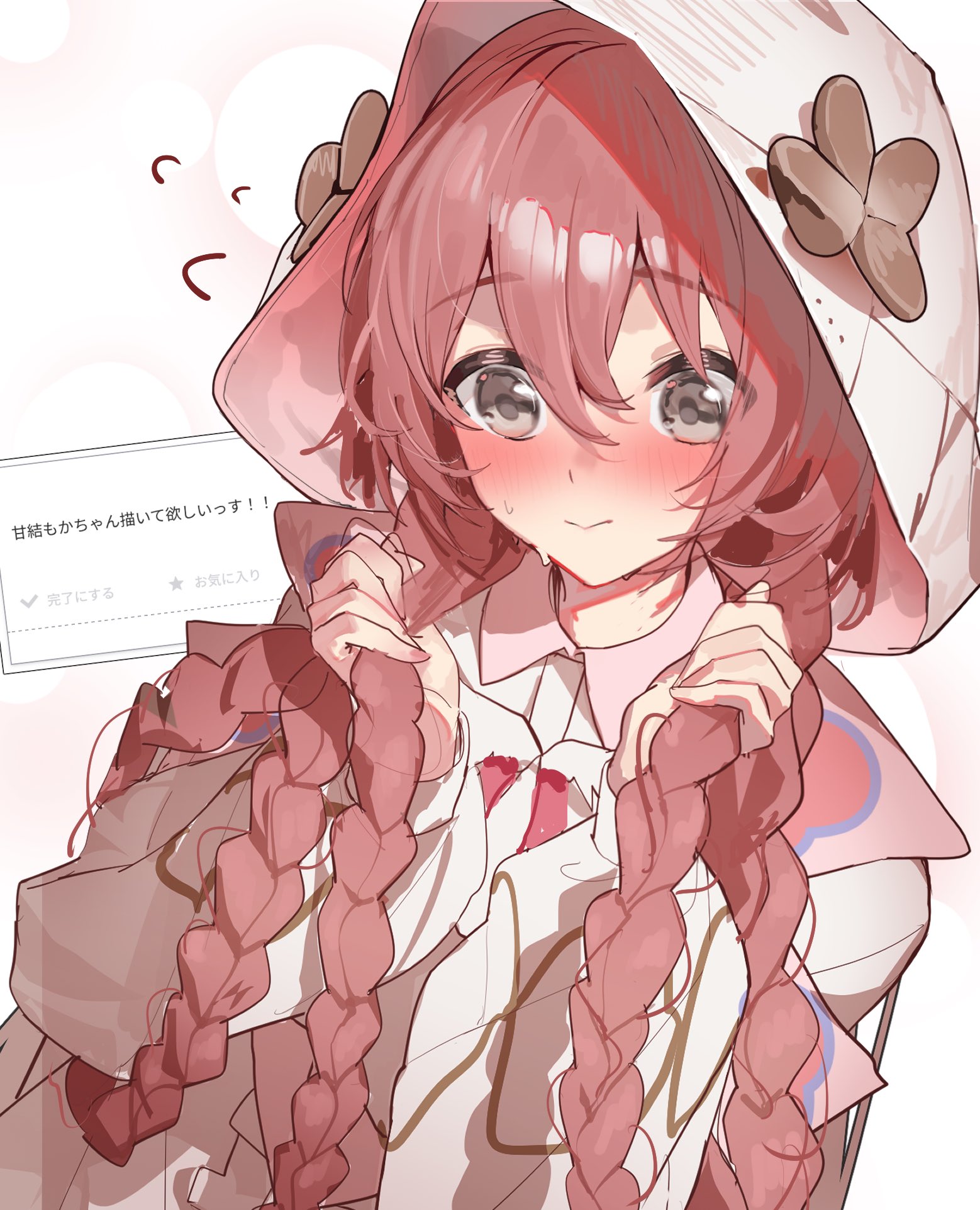 panda 0035, amayui moka, vspo!, highres, 1girl, blush, braid, brown hair, closed mouth, flying sweatdrops, grey eyes, hood, hood up, hoodie, request inset, solo, virtual youtuber