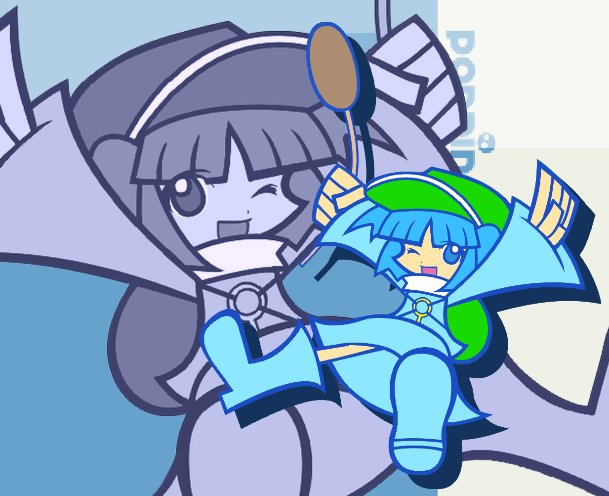 y&k, kawashiro nitori, madou monogatari, puyopuyo, puyopuyo fever, touhou, 1girl, blue eyes, blue hair, chibi, female focus, flat color, matching hair/eyes, parody, solo, style parody, two side up, zoom layer
