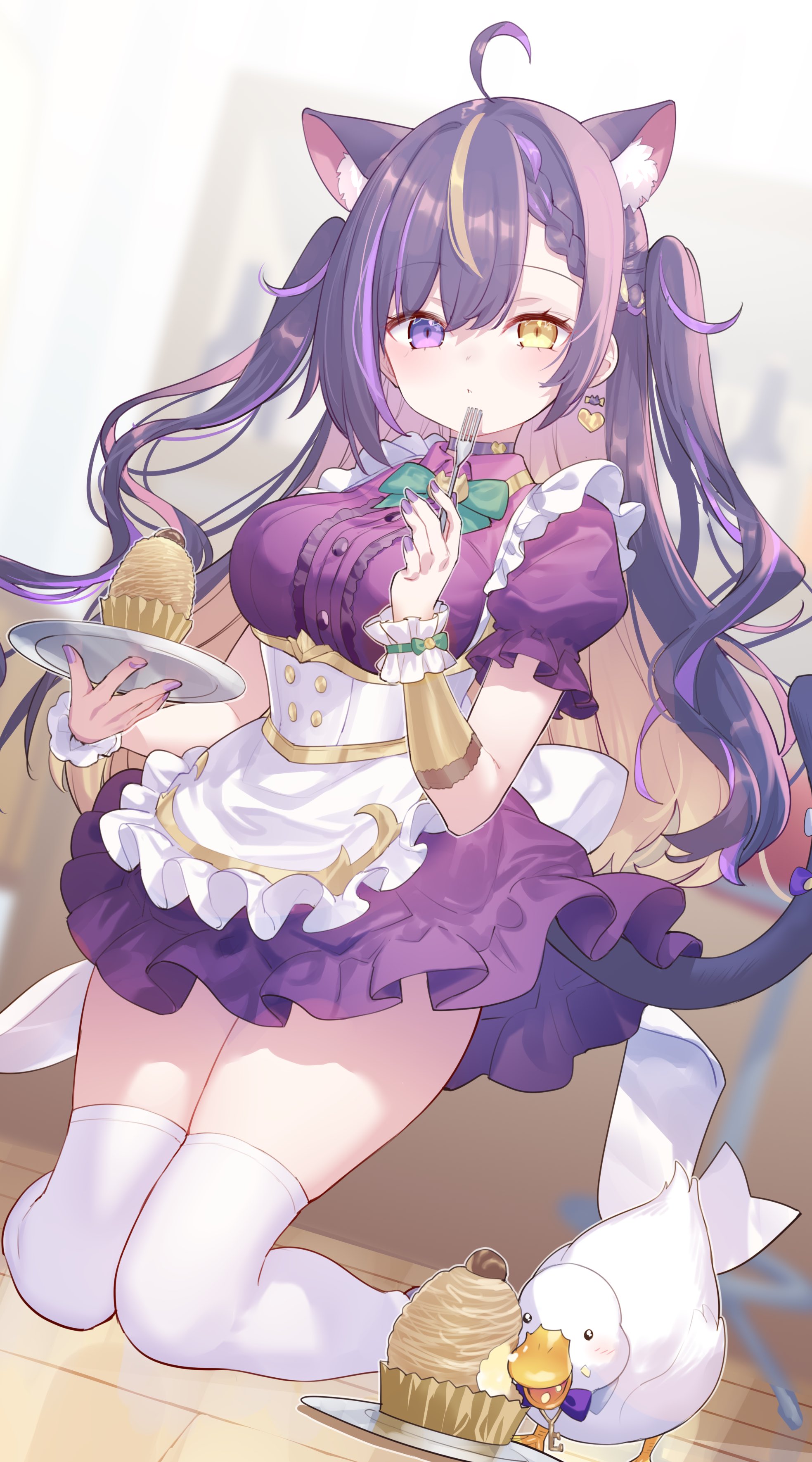 hiraga matsuri, original, absurdres, commentary, commission, highres, skeb commission, 1girl, animal ear fluff, animal ears, apron, bird, blonde hair, blush, bow, bowtie, breasts, brown hair, cat ears, cat girl, cat tail, closed mouth, cupcake, dress, duck, earrings, food, fork, frilled apron, frills, green bow, green bowtie, heart, heart earrings, heterochromia, holding, holding fork, holding plate, jewelry, kneeling, large breasts, long hair, looking at viewer, multicolored hair, plate, purple dress, purple eyes, purple hair, short sleeves, solo, streaked hair, tail, thighhighs, waist apron, white apron, white thighhighs, wrist cuffs, yellow eyes, zettai ryouiki