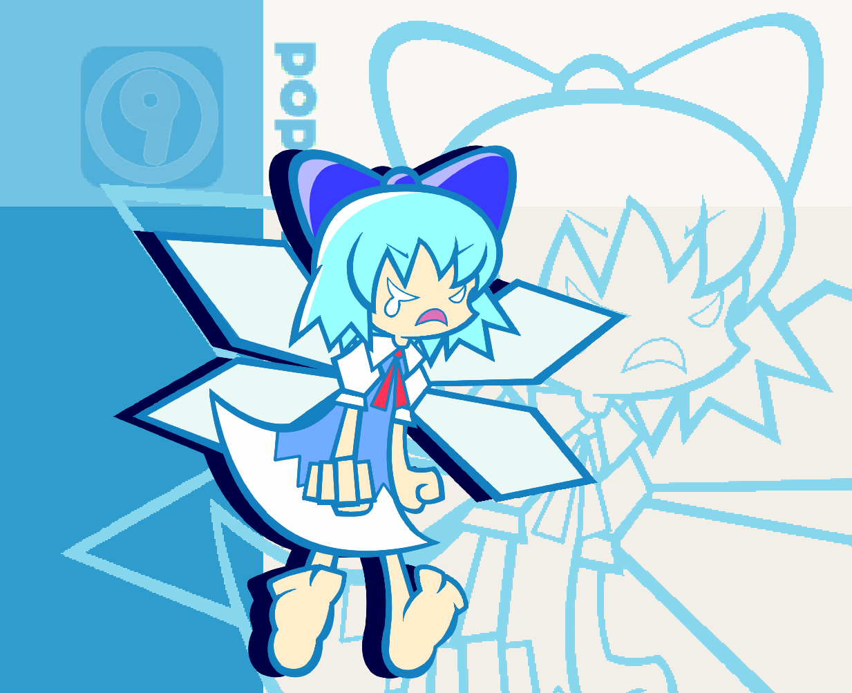 y&k, cirno, madou monogatari, phantasmagoria of flower view, puyopuyo, puyopuyo fever, touhou, 1girl, angry, bow, chibi, circled 9, female focus, parody, solo, style parody, tears, wings, zoom layer