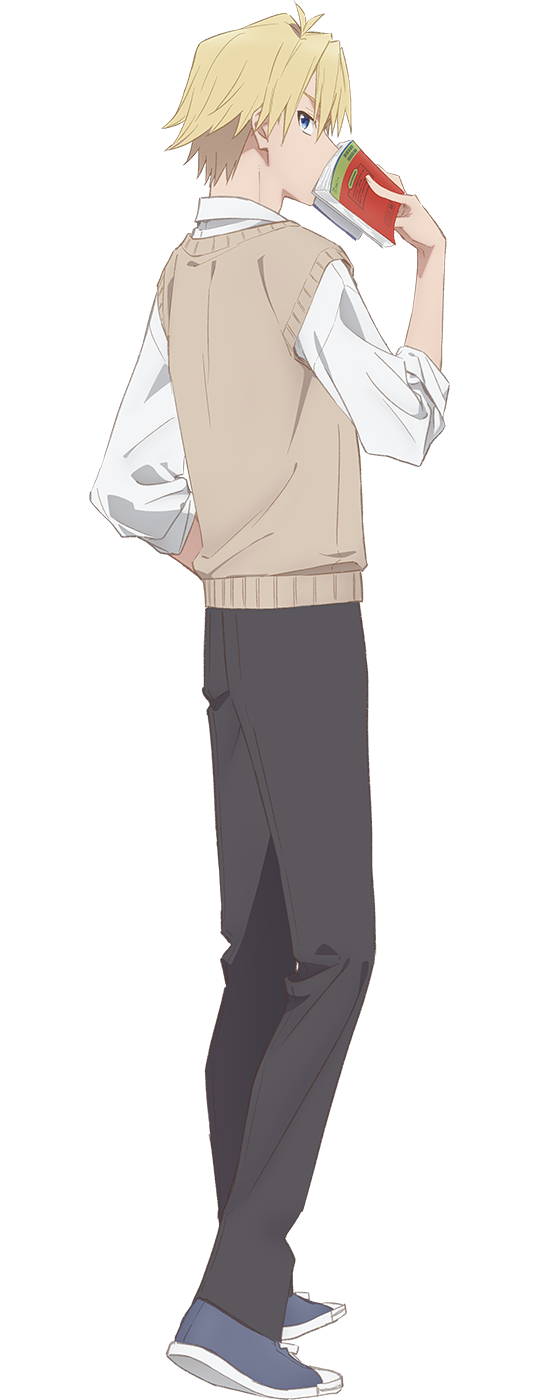 iizuka haruko, kamihate uryuu, amagami-san chi no enmusubi, highres, official art, ahoge, anime coloring, blonde hair, blue eyes, blue shoes, book, brown cardigan, cardigan, cardigan vest, collared shirt, covering own mouth, flipped hair, from behind, full body, grey pants, hair between eyes, hand up, holding, holding book, long sleeves, looking at viewer, pants, profile, school uniform, shirt, shoes, short hair, simple background, sleeves pushed up, solo, standing, tachi-e, transparent background, white shirt