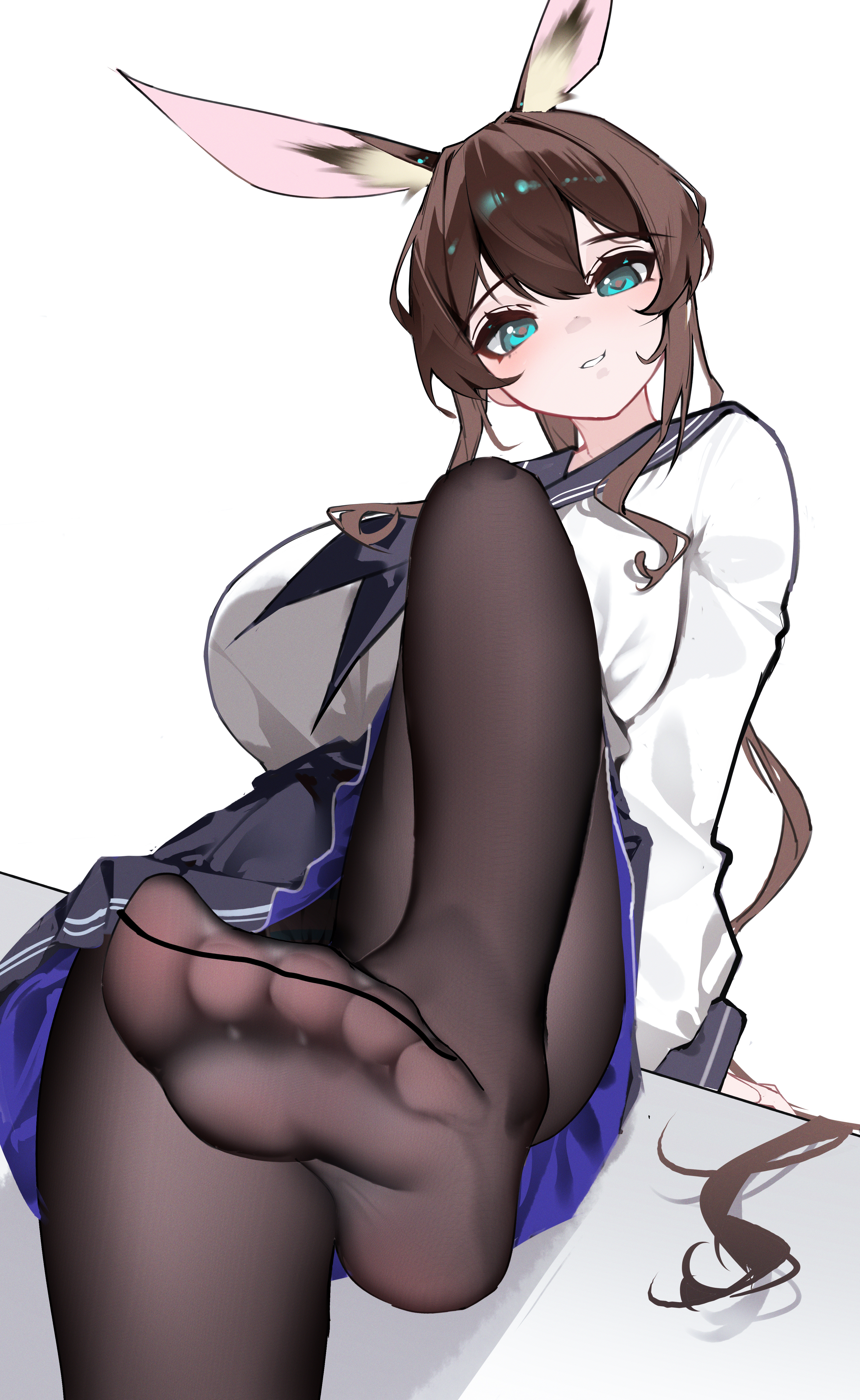 shenmi de xigua, amiya (arknights), arknights, absurdres, chinese commentary, commentary, highres, 1girl, alternate breast size (larger), alternate costume, animal ears, aqua eyes, black neckerchief, black sailor collar, black skirt, breasts, brown hair, brown pantyhose, feet, foot focus, foot out of frame, hair between eyes, large breasts, leg up, long hair, long sleeves, looking at viewer, neckerchief, no shoes, pantyhose, purple skirt, sailor collar, school uniform, serafuku, shirt, simple background, sitting, skirt, smile, soles, solo, toes, two-sided fabric, two-sided skirt, white background, white shirt