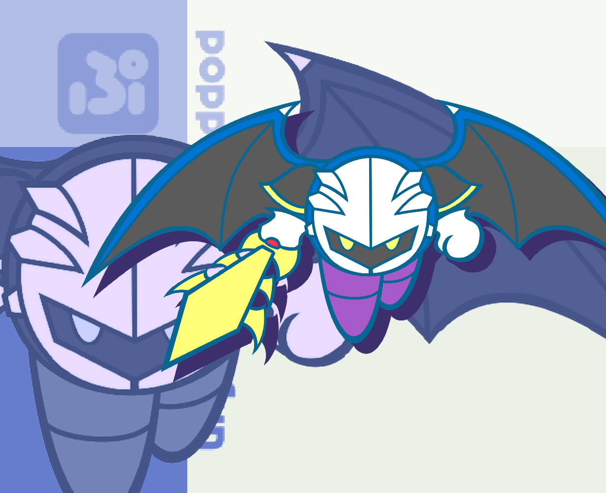 y&k, meta knight, kirby (series), madou monogatari, nintendo, puyopuyo, puyopuyo fever, bat wings, flat color, galaxia (sword), male focus, mask, no humans, parody, solo, style parody, sword, weapon, wings