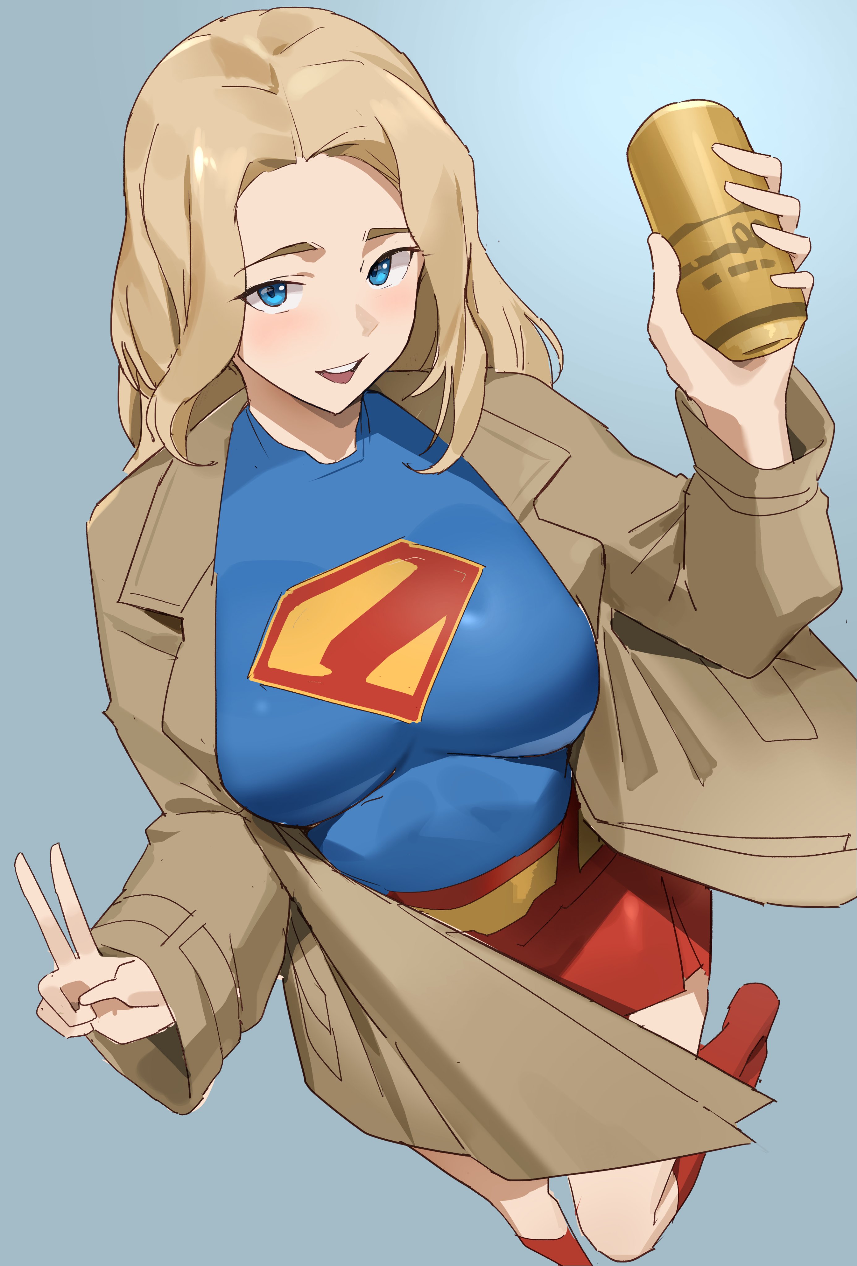 t-lex, supergirl, dc comics, absurdres, highres, 1girl, blonde hair, blue background, blue eyes, blush, boots, breasts, brown jacket, can, holding, holding can, jacket, leg up, long hair, looking at viewer, open mouth, red boots, smile, solo, teeth, upper teeth only, v