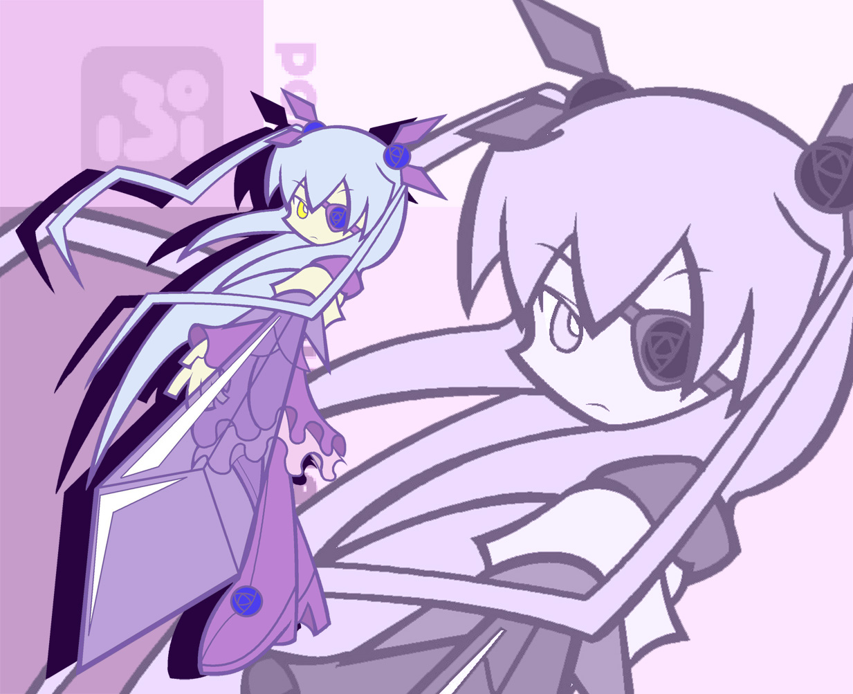dokuro (pixiv), ikasui (okakenn1224), barasuishou, madou monogatari, puyopuyo, puyopuyo fever, rozen maiden, rozen maiden traumend, 1girl, eyepatch, female focus, parody, solo, style parody, yellow eyes, zoom layer