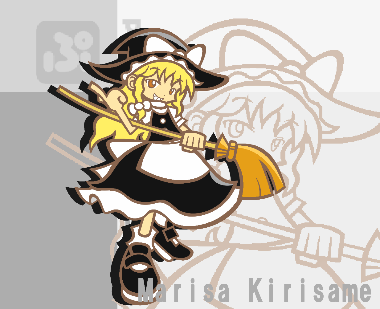 y&k, kirisame marisa, madou monogatari, puyopuyo, puyopuyo fever, touhou, 1girl, blonde hair, broom, character name, chibi, female focus, flat color, hat, parody, solo, style parody, witch, witch hat, zoom layer