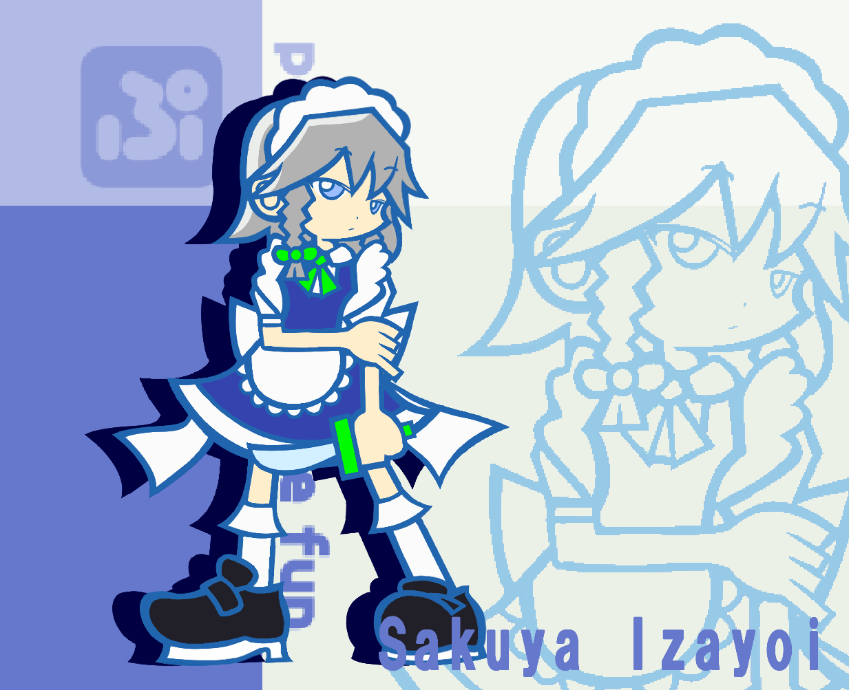 y&k, izayoi sakuya, madou monogatari, puyopuyo, puyopuyo fever, touhou, 1girl, blue eyes, braid, character name, chibi, female focus, flat color, knife, maid, parody, short hair, solo, style parody, throwing knife, twin braids, weapon, white hair, zoom layer