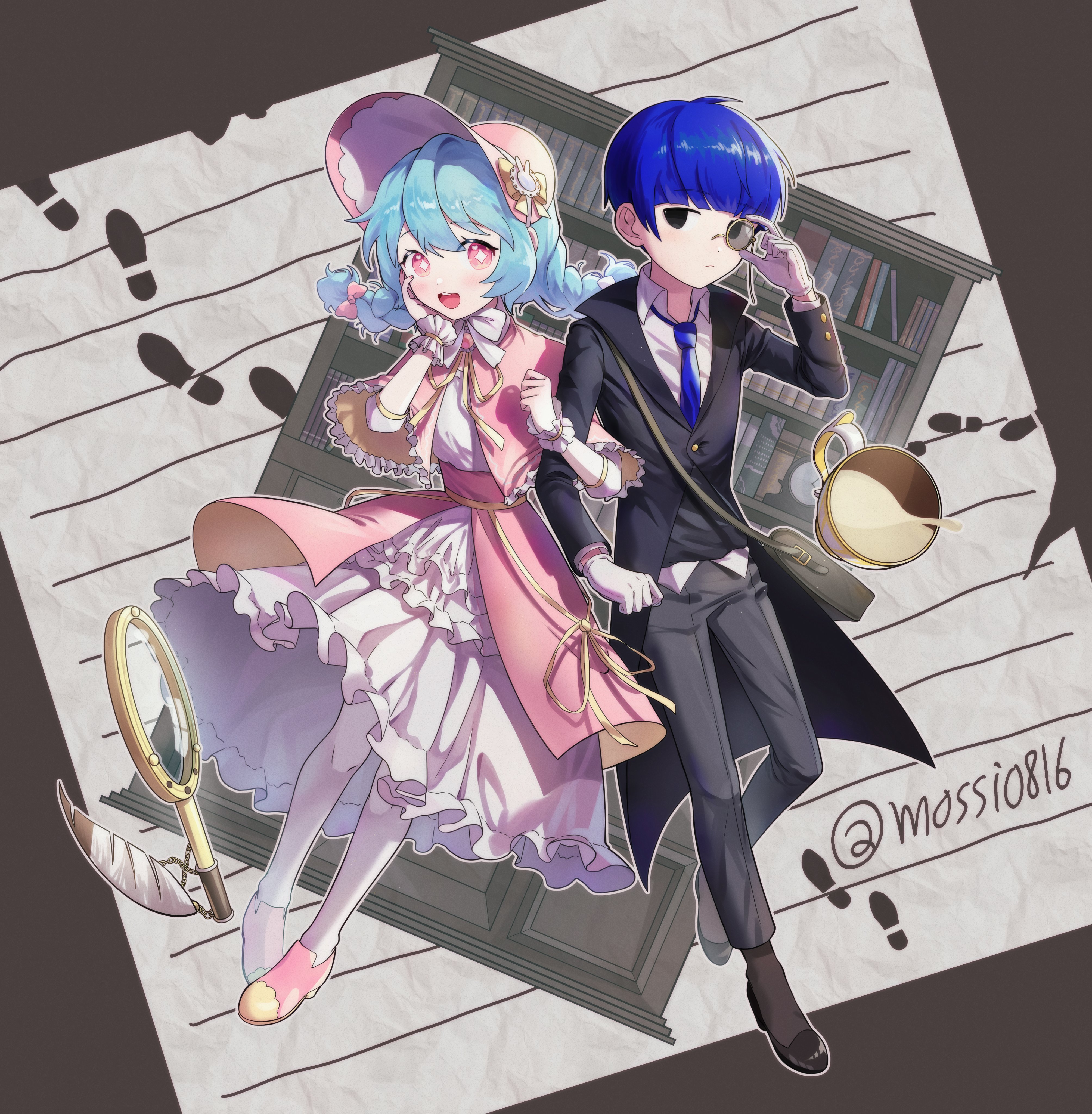 mossi (mossi0816), zombie high school, absurdres, highres, korean commentary, 1boy, 1girl, black eyes, black jacket, black pants, black vest, blue hair, blue necktie, bonnet, book, bookshelf, bow, braid, capelet, closed mouth, collared shirt, dress, frilled dress, frills, full body, globe, gloves, hand on own face, hat, holding, holding magnifying glass, jacket, locked arms, long sleeves, looking at viewer, magnifying glass, mirror, mj (zombie high school), monocle, necktie, open mouth, pants, pantyhose, pink dress, pink eyes, pyo ih-yeon, quill, shirt, short hair, smile, twin braids, twitter username, vest, white gloves, white shirt