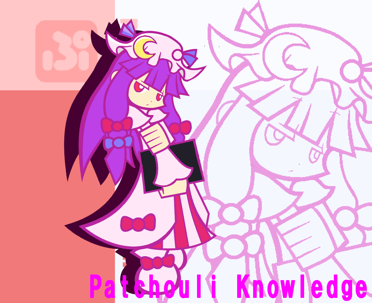 y&k, patchouli knowledge, madou monogatari, puyopuyo, puyopuyo fever, touhou, 1girl, bow, character name, chibi, crescent, female focus, flat color, hat, long hair, parody, pink bow, purple hair, red eyes, solo, style parody, zoom layer