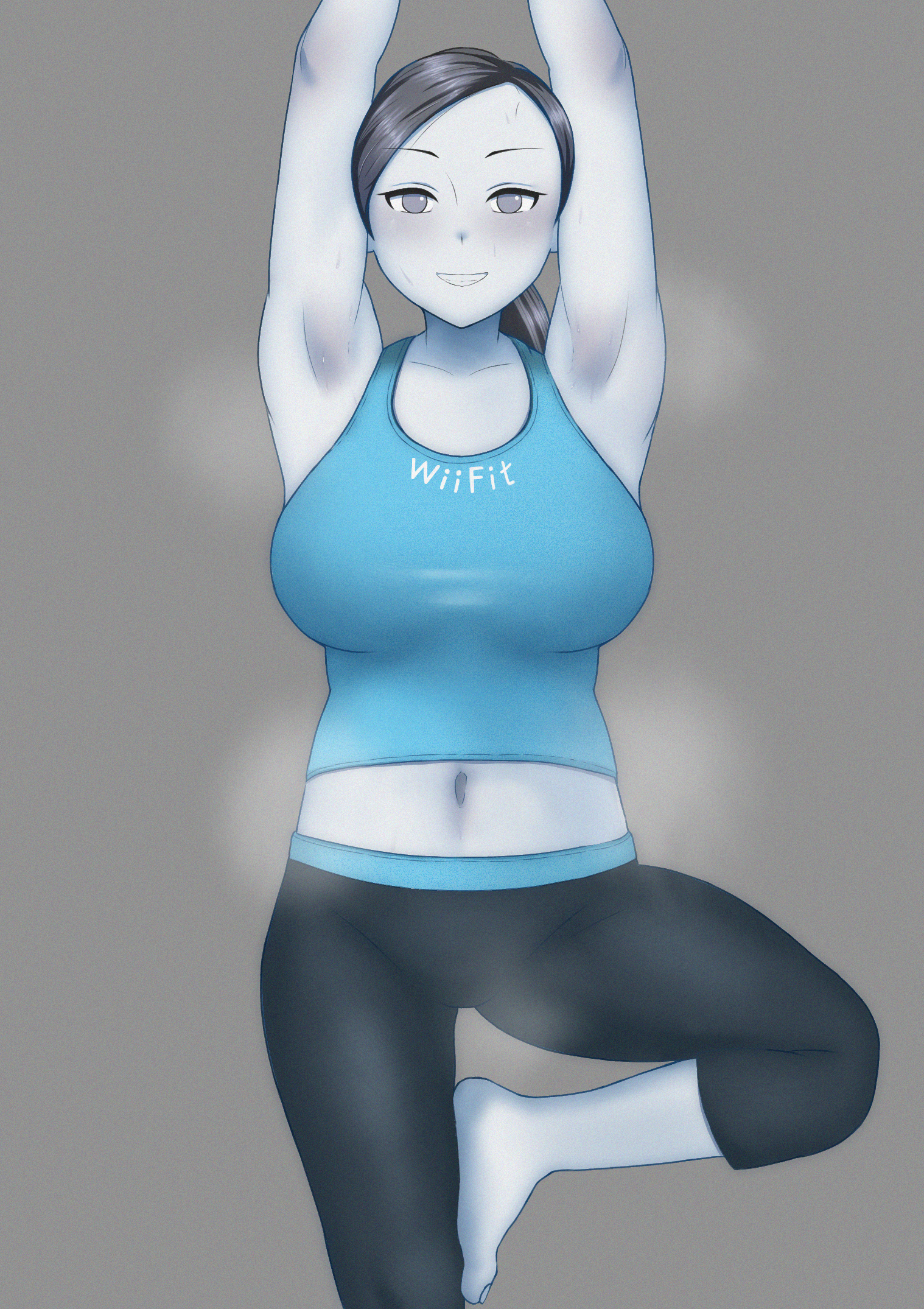 wii fit trainer, wii fit trainer (female), nintendo, wii fit, highres, 1girl, armpits, barefoot, breasts, colored skin, crop top, grey eyes, grey hair, grin, hikage011, large breasts, long hair, looking at viewer, midriff, navel, pants, ponytail, smile, solo, tank top, toes, white skin, yoga, yoga pants