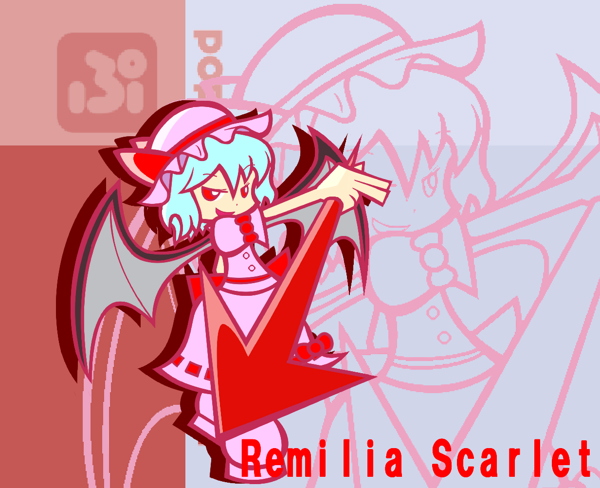 y&k, remilia scarlet, madou monogatari, puyopuyo, puyopuyo fever, touhou, 1girl, bat wings, character name, chibi, female focus, flat color, gungnir (weapon), parody, polearm, red eyes, solo, spear, spear the gungnir, style parody, weapon, wings, zoom layer