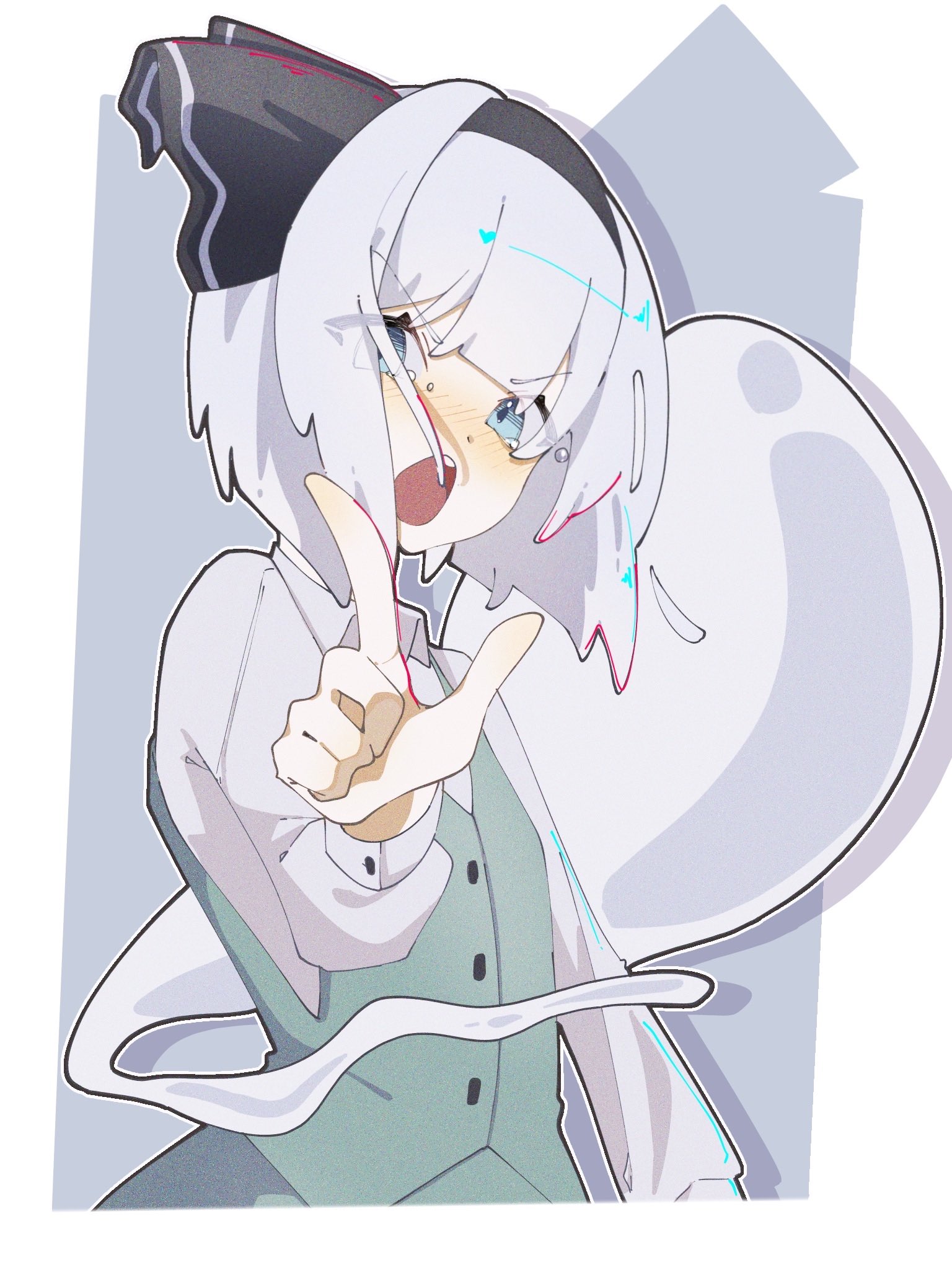 nanashi 1104, konpaku youmu, konpaku youmu (ghost), touhou, highres, 1girl, blue eyes, blush, collared shirt, green skirt, green vest, hairband, hand up, long sleeves, looking at viewer, medium hair, open mouth, pointing, pointing at viewer, shirt, skirt, solo, tearing up, teeth, upper teeth only, vest, white hair, white shirt