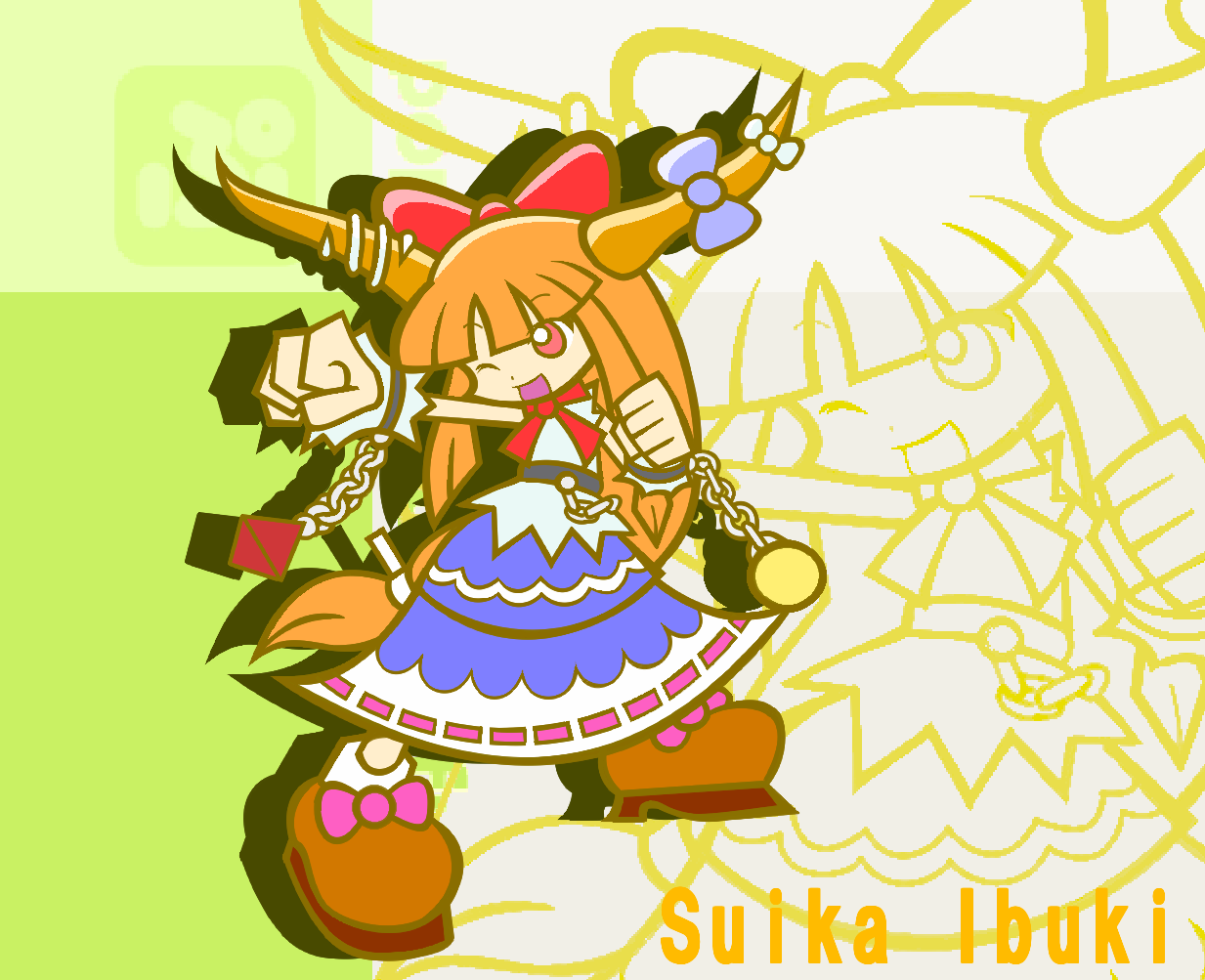 y&k, ibuki suika, madou monogatari, puyopuyo, puyopuyo fever, touhou, 1girl, character name, chibi, female focus, flat color, horns, orange hair, parody, solo, style parody, zoom layer