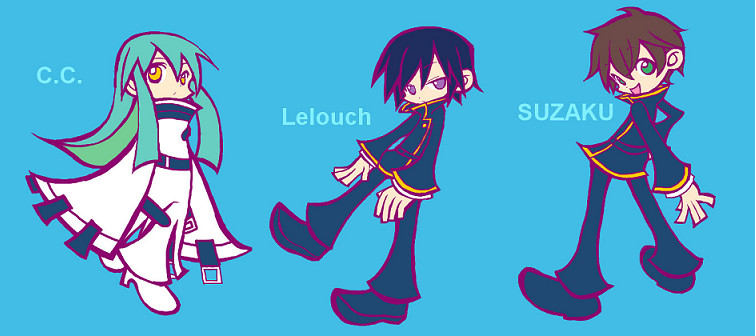 fukamizu shion, c.c., kururugi suzaku, lelouch vi britannia, code geass, madou monogatari, puyopuyo, puyopuyo fever, bad id, bad pixiv id, 1girl, 2boys, character name, chibi, multiple boys, parody, style parody