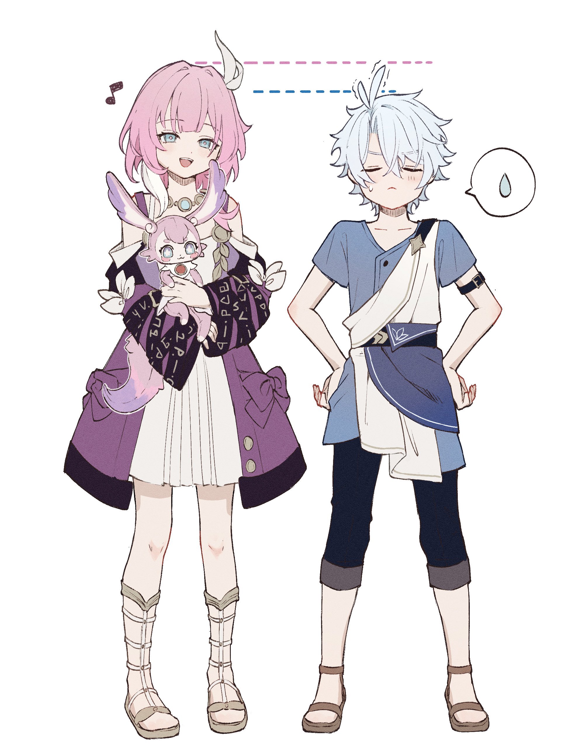 title mei, cyrene (honkai: star rail), mem (honkai: star rail), phainon (a dream scented in wheat) (honkai: star rail), phainon (honkai: star rail), honkai: star rail, honkai (series), absurdres, commentary request, highres, 1boy, 1girl, ahoge, black pantyhose, blue eyes, blue shirt, coat, dress, full body, height chart, holding hands, jewelry, multicolored hair, musical note, necklace, pantyhose, pink hair, purple coat, sandals, shirt, short hair, simple background, spoken sweatdrop, sweatdrop, toes, two-tone hair, white background, white dress, white hair