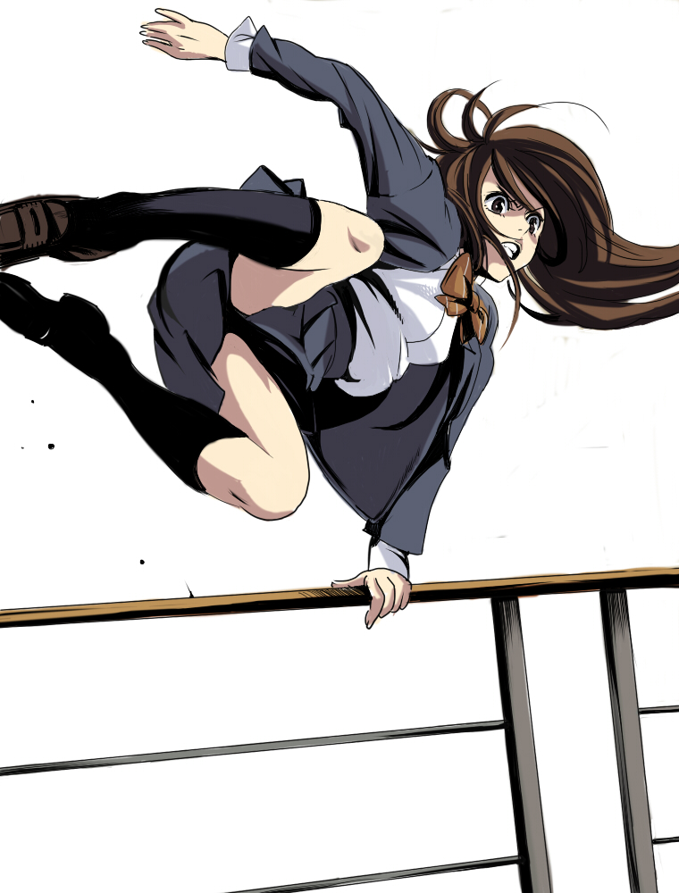 magomago, original, bad id, bad pixiv id, 1girl, action, angry, border jumping, brown eyes, brown hair, female focus, jumping, loafers, long hair, outstretched arm, railing, school uniform, serafuku, shoes, solo