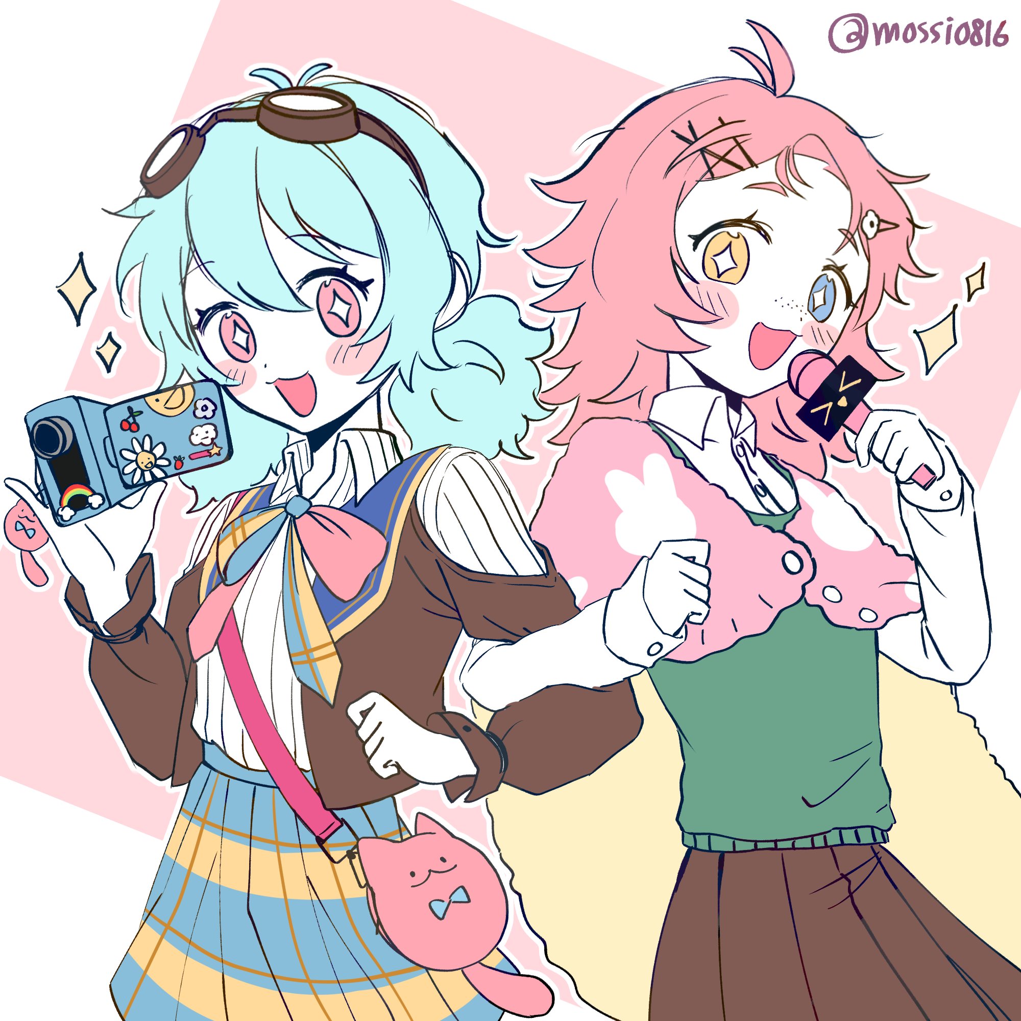 mossi (mossi0816), zombie high school, highres, + +, 2girls, :3, :d, antenna hair, bag, blue eyes, blue hair, blue skirt, blush, blush stickers, bow, bowtie, brown jacket, brown skirt, camera, collared shirt, freckles, goggles, goggles on head, hair ornament, hairclip, heterochromia, holding, holding camera, holding microphone, jacket, locked arms, long sleeves, looking at viewer, mafia42, medium hair, microphone, mj (zombie high school), multiple girls, open mouth, paparazzi (mafia42), pink background, pink bow, pink bowtie, pink eyes, pink hair, pink jacket, plaid clothes, plaid skirt, pleated skirt, shirt, short hair, short twintails, skirt, smile, sparkle, sparkling eyes, sweater, twintails, twitter username, vest, white shirt, x hair ornament, yellow eyes