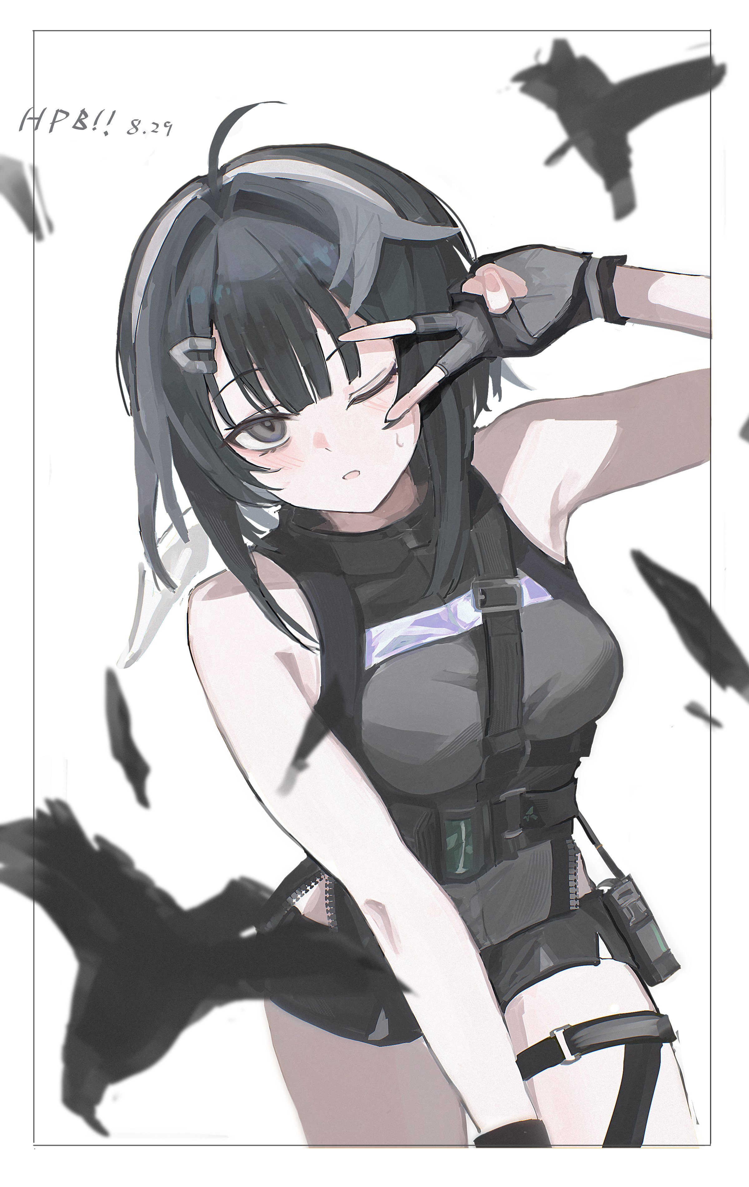 la pluma (arknights), arknights, absurdres, commentary request, highres, 1girl, ;o, ahoge, arm up, bare shoulders, black eyes, black gloves, black hair, black shirt, breasts, cowboy shot, death unagi, fingerless gloves, gloves, hair ornament, hairclip, looking at viewer, medium breasts, one eye closed, parted lips, shirt, short hair, sleeveless, sleeveless shirt, solo, standing, strap, thigh strap, v, v over eye, white background