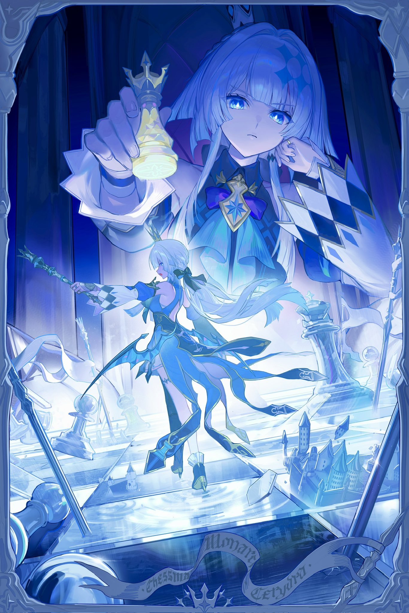 kaido jun, cerydra (honkai: star rail), honkai: star rail, honkai (series), highres, 1girl, asymmetrical footwear, asymmetrical legwear, asymmetrical sleeves, black bow, blue eyes, bow, bright pupils, chess piece, closed mouth, crown, detached sleeves, floating hair, from behind, full body, hair bow, high heels, holding, holding chess piece, long sleeves, mini crown, mismatched footwear, mismatched legwear, mismatched sleeves, multiple views, open mouth, walking, white pupils