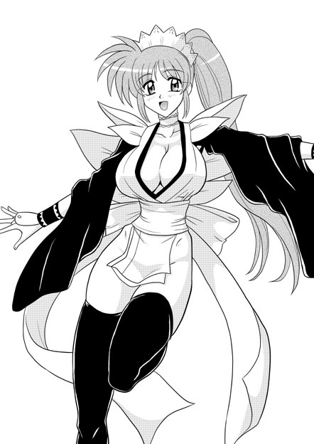 mutsuya, iroha (samurai spirits), takamachi nanoha, lyrical nanoha, mahou shoujo lyrical nanoha, mahou shoujo lyrical nanoha strikers, samurai spirits, 1girl, cosplay, female focus, greyscale, iroha (cosplay), iroha (samurai spirits) (cosplay), monochrome, solo, thighhighs
