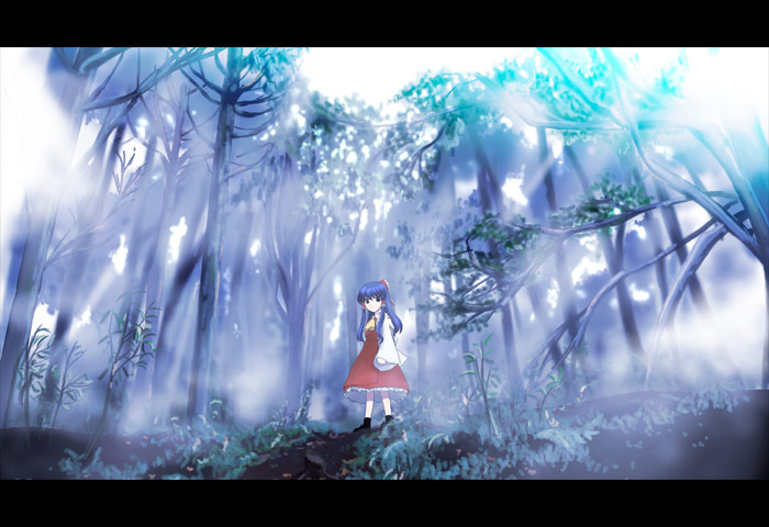 yamaguchi takashi, yamaguchi yuu, hakurei reimu, touhou, 1girl, blue hair, female focus, fog, forest, letterboxed, long hair, nature, outdoors, scenery, solo, tree