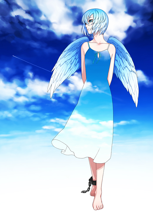 iwai ryou, original, 1girl, arms behind back, bare shoulders, barefoot, blue eyes, blue hair, blue theme, chain, cloud, contrail, dress, feet, female focus, matching hair/eyes, short hair, sky, sky print, solo, wings