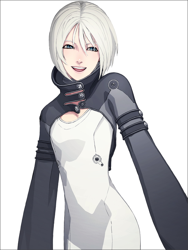 iwai ryou, original, 1girl, blue eyes, female focus, happy, open mouth, short hair, simple background, smile, solo, white hair