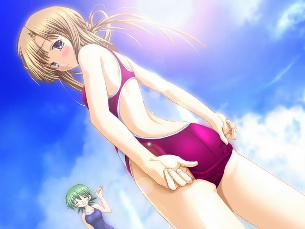 sukumizu ~fecchi ni narumon!~, jpeg artifacts, 2girls, = =, adjusting clothes, adjusting swimsuit, ass, back, blue eyes, blush, brown hair, closed eyes, cloud, competition school swimsuit, competition swimsuit, day, dutch angle, green hair, lens flare, looking back, multiple girls, one-piece swimsuit, school swimsuit, smile, sun, swimsuit, waving
