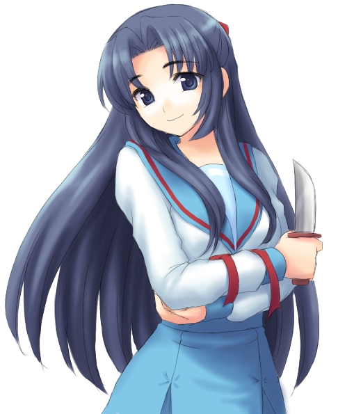 atsukan, asakura ryoko, suzumiya haruhi no yuuutsu, 00s, 1girl, female focus, knife, long hair, school uniform, serafuku, solo, weapon