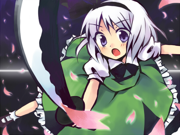 kuguri oimo, konpaku youmu, touhou, bad id, bad pixiv id, 1girl, blue eyes, female focus, gradient background, hairband, katana, petals, ribbon, school uniform, serafuku, solo, sword, weapon, white hair
