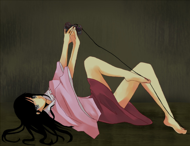 houraisan kaguya, sony, touhou, 1girl, barefoot, black hair, female focus, game console, long hair, lying, on back, playing games, solo, video game