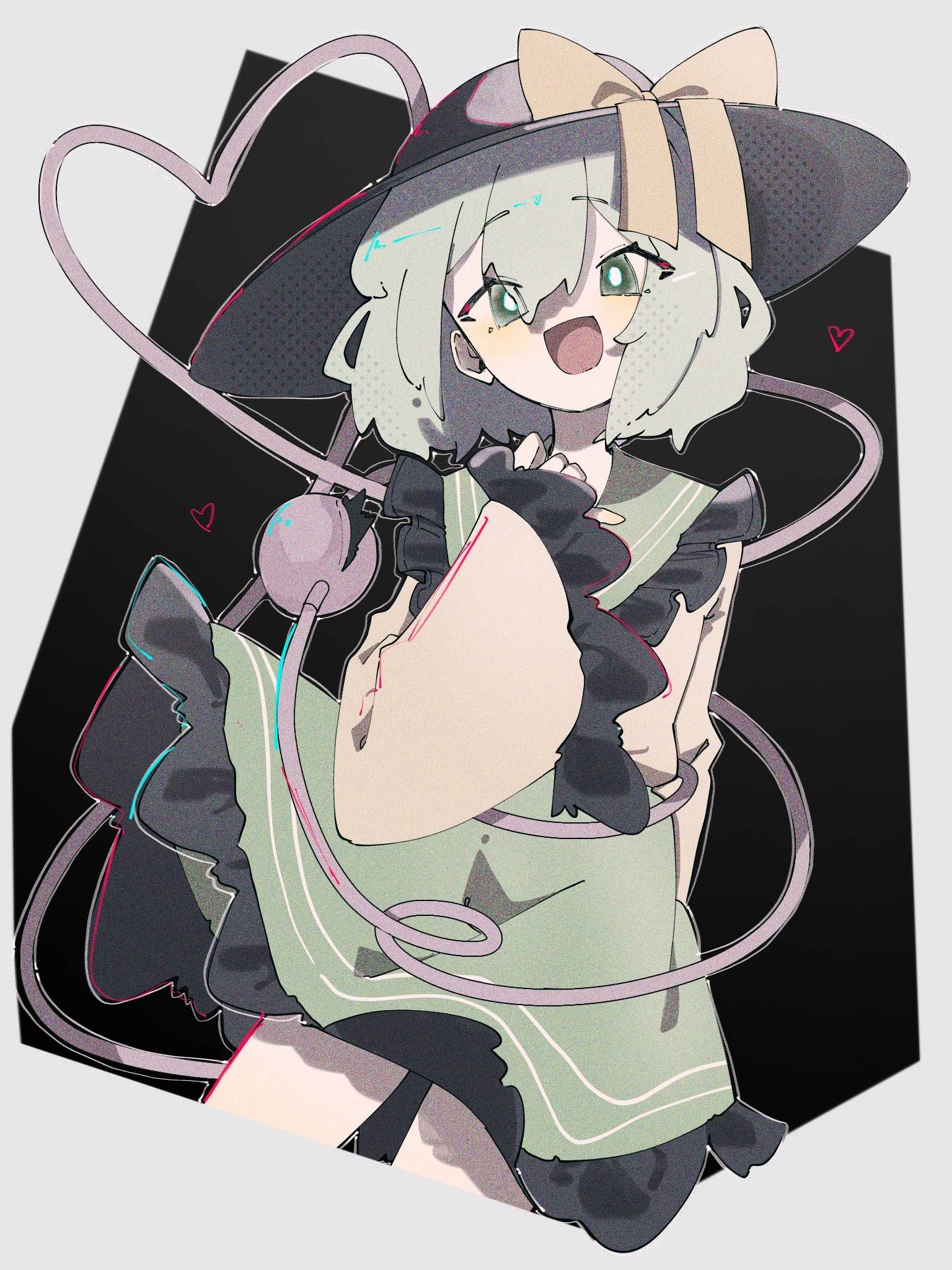 nanashi 1104, komeiji koishi, touhou, highres, 1girl, bright pupils, frills, green eyes, green hair, green skirt, hair between eyes, hand on own chest, hat, heart, long sleeves, looking at viewer, medium hair, open mouth, puffy sleeves, shirt, skirt, smile, solo, third eye, white pupils, yellow shirt