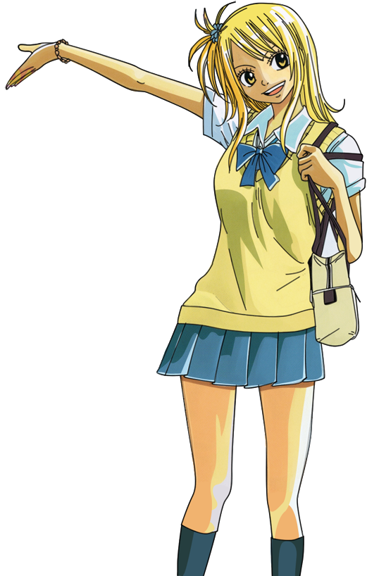 lucy heartfilia, fairy tail, 00s, bag, blonde hair, bracelet, jewelry, school uniform, serafuku, skirt, socks, solo, sweater vest, vest, yellow eyes