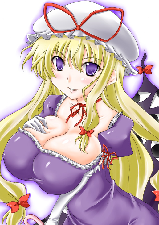 yakumo yukari, touhou, 1girl, blonde hair, breasts, female focus, gap (touhou), grabbing another's breast, groping, hat, huge breasts, long hair, ribbon, solo