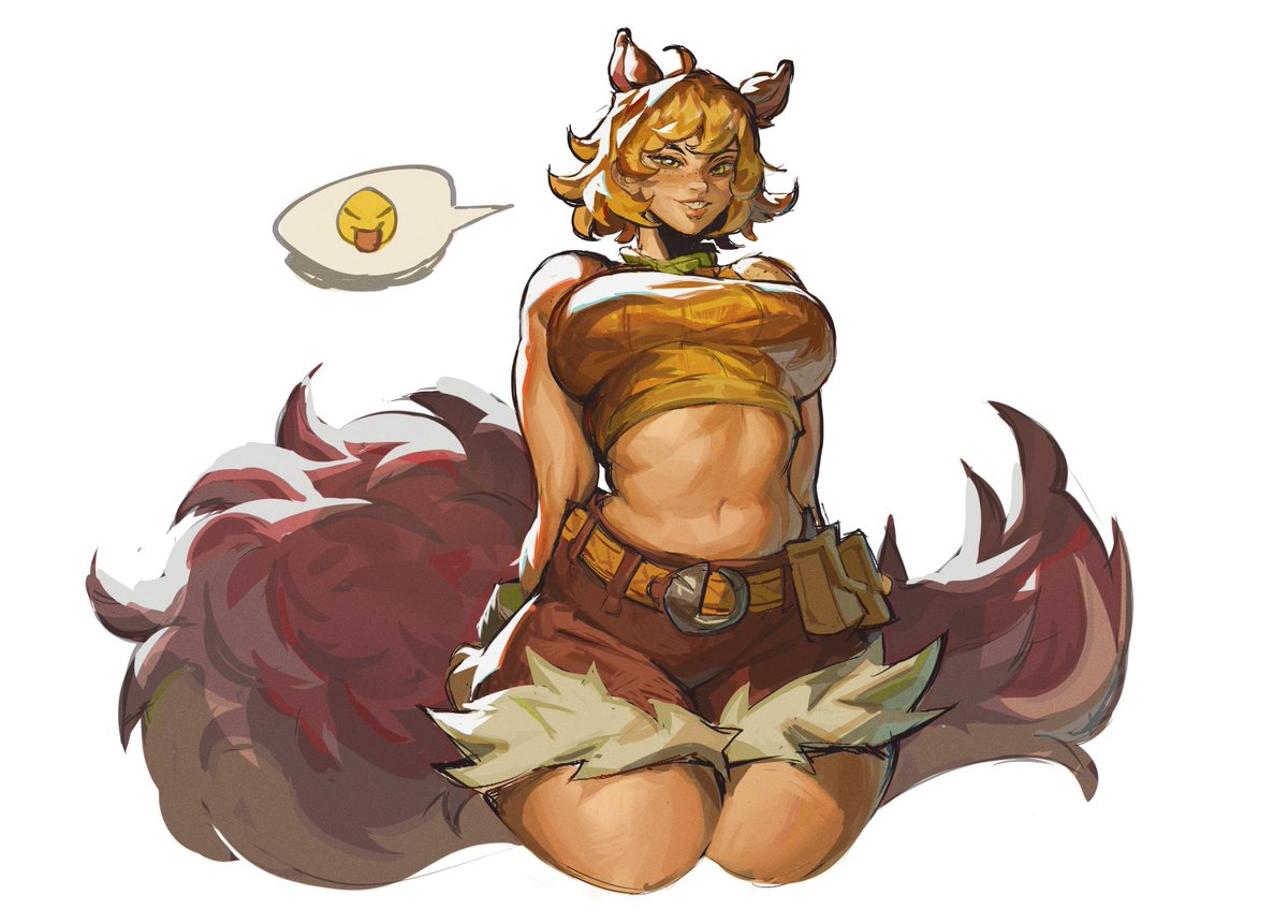 pirodefka, squirrel girl (marvel), marvel, marvel rivals, 1girl, animal ears, breasts, brown hair, brown tail, crop top, freckles, green eyes, large breasts, looking at viewer, navel, orange hair, short hair, solo, squirrel ears, squirrel girl, squirrel tail, tail