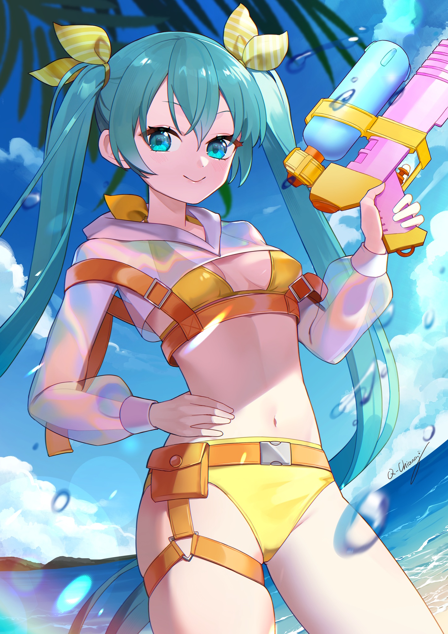 q-chiang, hatsune miku, super soaker, vocaloid, highres, 1girl, aqua eyes, aqua hair, beach, bikini, blue sky, breasts, cloud, cloudy sky, day, hand on own hip, looking at viewer, see-through shrug, shrug (clothing), sky, small breasts, smile, solo, swimsuit, twintails, yellow bikini