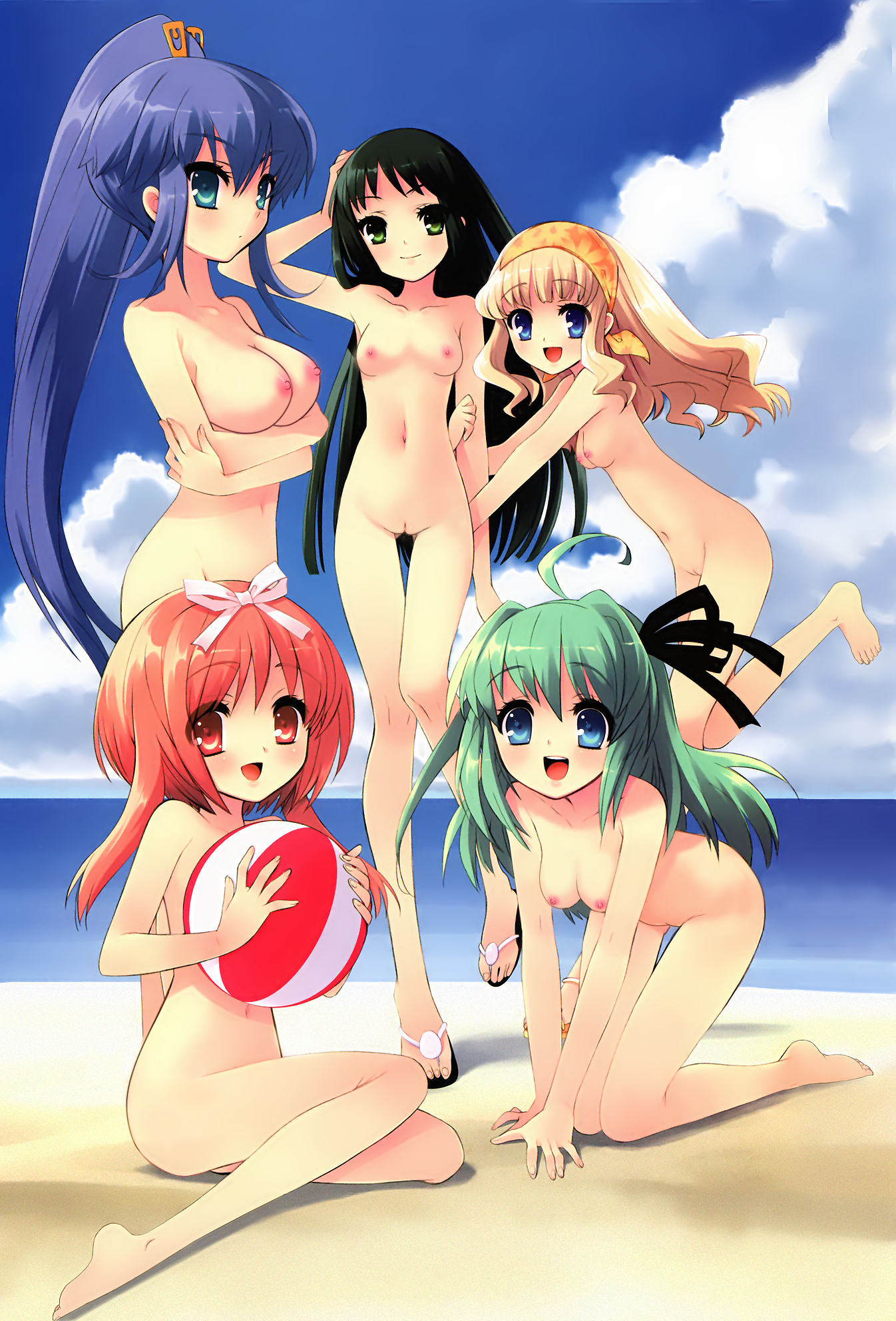 ito noizi, akihime sumomo, koiwai flora, satsuki julirsia, yaeno nadeshiko, yuuki nona, nanatsuiro drops, highres, 00s, 5girls, barefoot, everyone, multiple girls, nude, uncensored