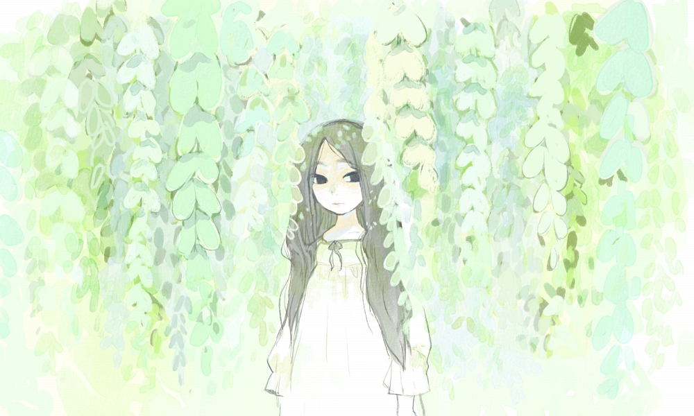 sakana45, original, bad id, bad pixiv id, arms at sides, dappled sunlight, dress, ghost, green theme, leaf, long hair, solo, sunlight, tree