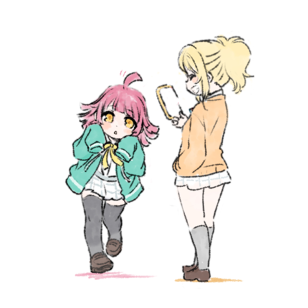 shinanoya (satanicad), miyashita ai, tennoji rina, love live!, love live! nijigasaki high school idol club, commentary request, 2girls, aqua jacket, black thighhighs, blush, brown shoes, cardigan, collared shirt, grey socks, grin, holding, holding phone, jacket, loafers, long sleeves, miniskirt, multiple girls, neck ribbon, nijigasaki school uniform, open clothes, open jacket, orange cardigan, parted lips, phone, pleated skirt, ponytail, ribbon, school uniform, shirt, shoes, short hair, short ponytail, sidelocks, simple background, skirt, sleeves past fingers, sleeves past wrists, smile, socks, thighhighs, white background, white shirt, white skirt, winter uniform, yellow eyes, yellow ribbon, zettai ryouiki