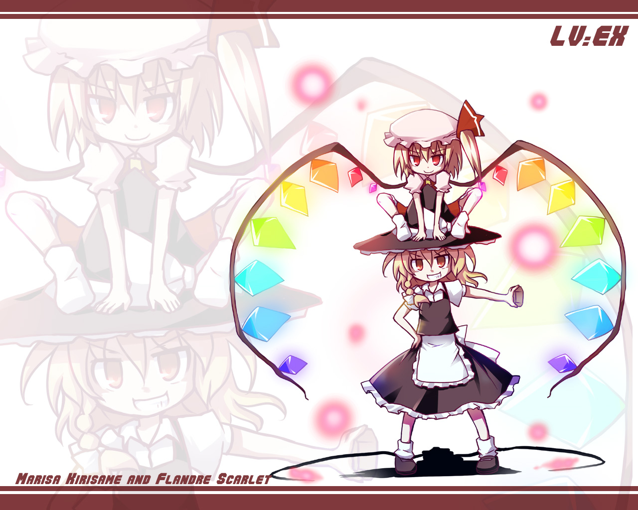 dorua (dollar), flandre scarlet, kirisame marisa, touhou, 2girls, apron, black dress, blonde hair, brown eyes, crystal, demon wings, dress, female focus, looking at viewer, mary janes, multiple girls, outstretched arm, puffy short sleeves, puffy sleeves, red eyes, shoes, short sleeves, simple background, waist apron, white background, wings, zoom layer