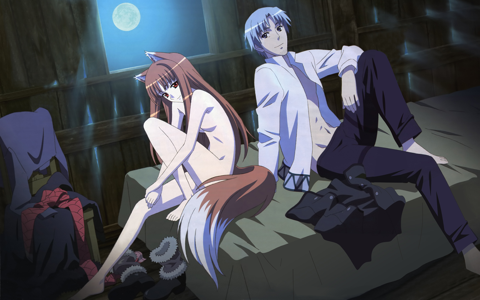 sasaki masashi, craft lawrence, holo, spice and wolf, silver hair, highres, 00s, 1boy, 1girl, animal ears, barefoot, bed, brown hair, clothed male nude female, long hair, moon, nude, short hair, tail, wolf ears, wolf tail