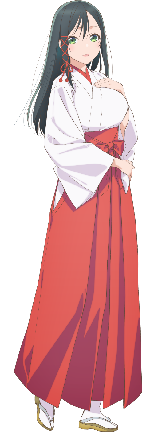 iizuka haruko, amagami yae, amagami-san chi no enmusubi, highres, official art, 1girl, anime coloring, black hair, blush, breasts, full body, green eyes, hair between eyes, hair ribbon, hakama, hakama skirt, hand on own chest, japanese clothes, large breasts, long hair, long sleeves, looking at viewer, miko, open mouth, red hakama, ribbon, sandals, sidelocks, simple background, skirt, smile, socks, solo, standing, tachi-e, transparent background, white socks, wide sleeves, zouri