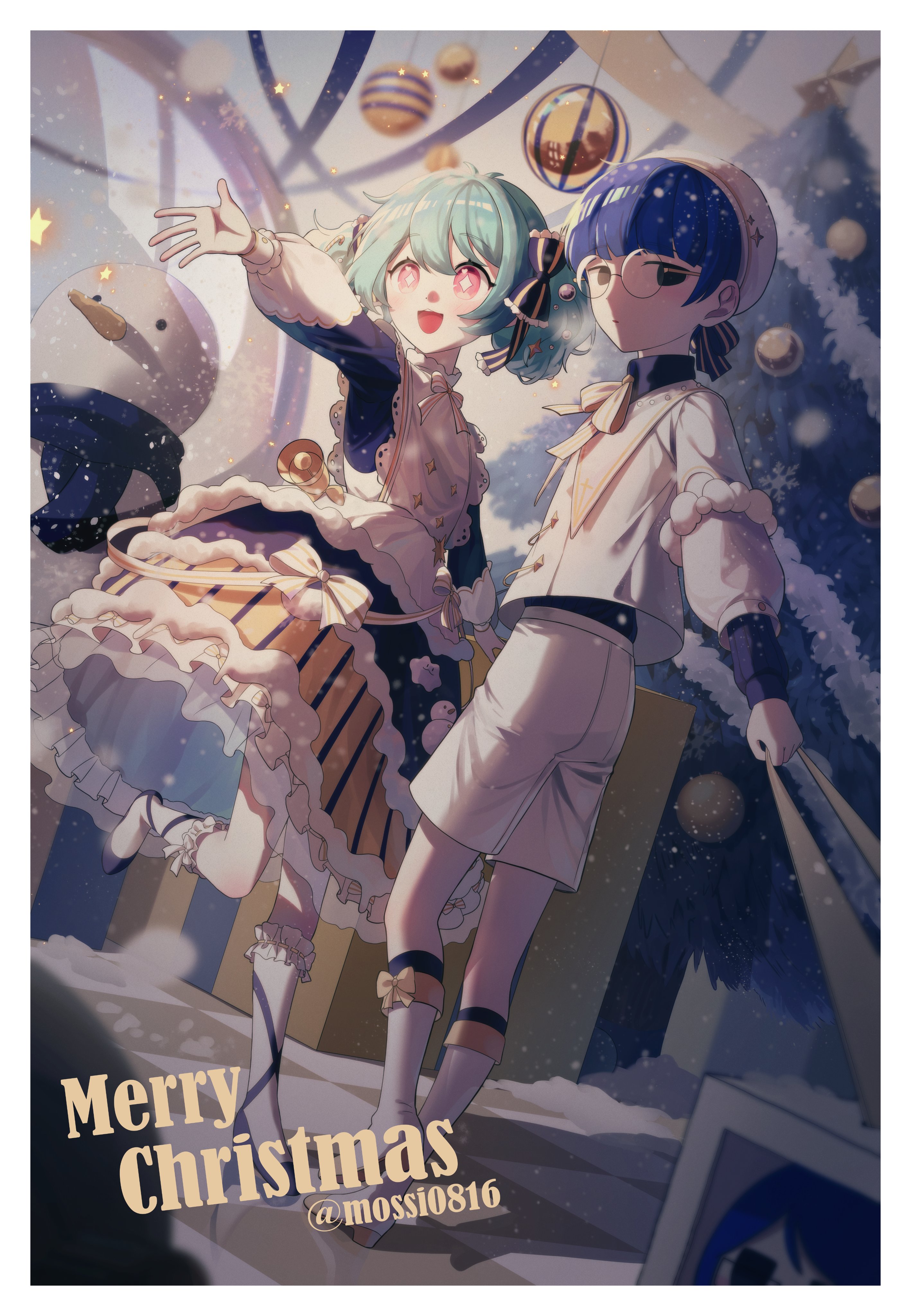 mossi (mossi0816), zombie high school, absurdres, highres, korean commentary, 1boy, 1girl, black eyes, blue hair, bow, christmas, christmas ornaments, christmas tree, dress, frilled dress, frills, hat, humanization, long sleeves, mj (zombie high school), pink eyes, pyo ih-yeon, ribbon, short hair, short twintails, shorts, smile, snowman, socks, twintails, white shorts
